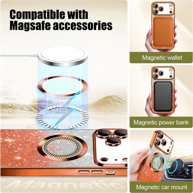 Detalle de Misscase Magnetic Glitter Case for iPhone 17 Pro Max (6.9"), Orange – MagSafe-ready slim shockproof cover