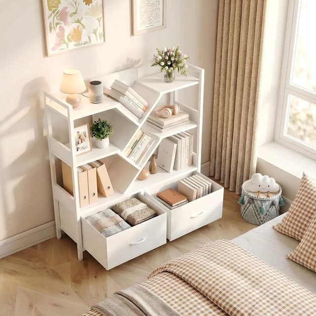 Detalle 2 de IRONCK Bookcase with 2 Drawers, Metal Frame Storage Shelf on Wheels (100x32x100cm) – White