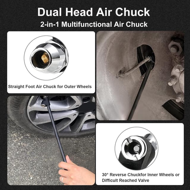 Detalle de GODESON 12" Extended Reach Dual Head Air Chuck for Semi & Dually Tires (1/4" FNPT)