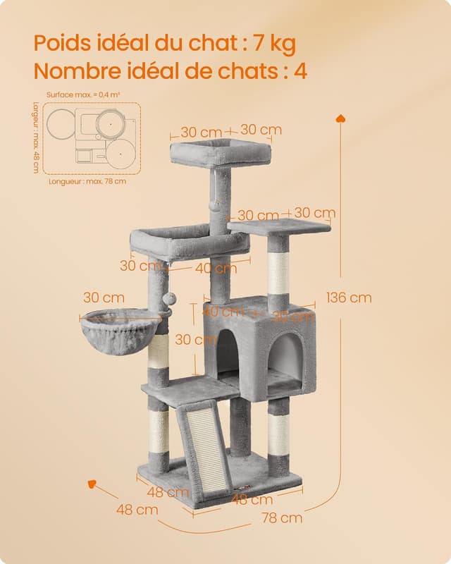 Detalle de Feandrea Arbre à Chat PCT012GD01 : tour intérieure avec 3 plateformes, niche et poteaux à griffer