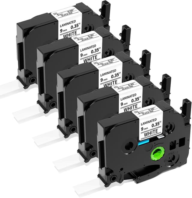 Detalle de Upwinning kompatibel Brother P-touch TZe-221 / TZe221 Schriftband 9 mm, schwarz auf weiß (5er-Set, 8 m)