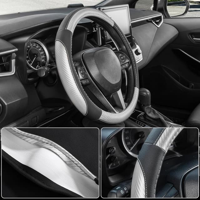 Detalle de SEG Direct couvre-volant microfibre cuir noir et argent (35,5–36 cm) pour Prius, Civic, Model 3, Model Y et Camaro