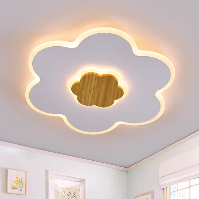 Detalle de Plafonnier LED enfant en forme de fleur (bois) dimmable 3000K–6000K, 35W, 50 cm avec veilleuse