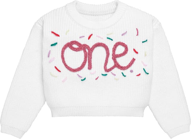 Detalle de EFOGEP unisex first birthday knitted sweater top with “One” embroidery detail