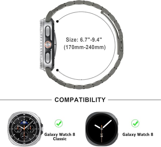 Detalle de Anlinser No Gap Bands 22mm Stainless Steel Metal Strap for Samsung Galaxy Watch 8 (44mm/40mm) & Watch 8 Classic (46mm) — Gray Titanium