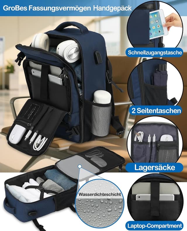 Detalle de KLOSTAIN Handgepäck-Rucksack 40x20x25 cm (Ryannair-/Eurowings-tauglich) – Tiefblau