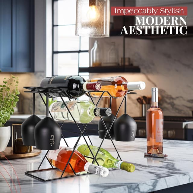Detalle de Gusto Nostro Kleines Weinregal Schwarz Metall mit Weinglashalter für 8 Flaschen & 4 Gläser
