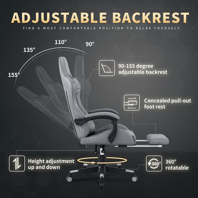 Detalle 2 de Gamtimer Gaming Chair (Grey) — High-Back Office Chair With Footrest, Lumbar Support & 400 lbs Weight Capacity