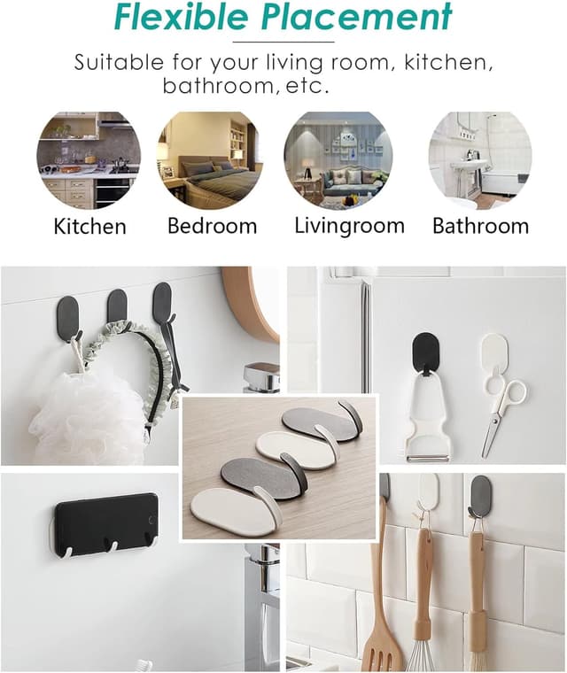 Detalle de KAXIMON Self Adhesive Hooks White (10 pack) – extra strong sticky hooks for kitchen and bathroom