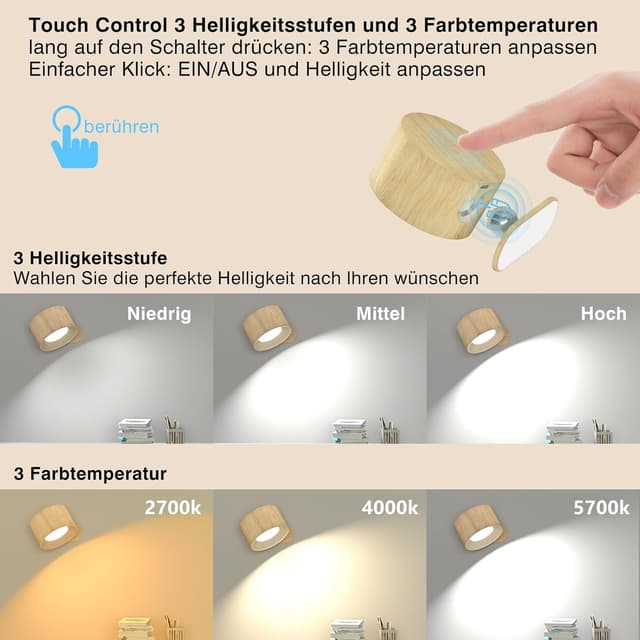 Detalle de Feallive LED-Wandleuchte für Innen mit Akku, Touch Control und 360°-Drehung