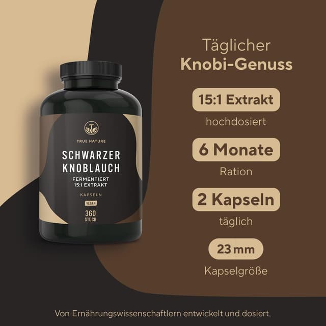 Detalle de True Nature Schwarzer Knoblauch Extrakt (15:1) mit S-Allylcystein (SAC) – 360 Kapseln für ca. 6 Monate
