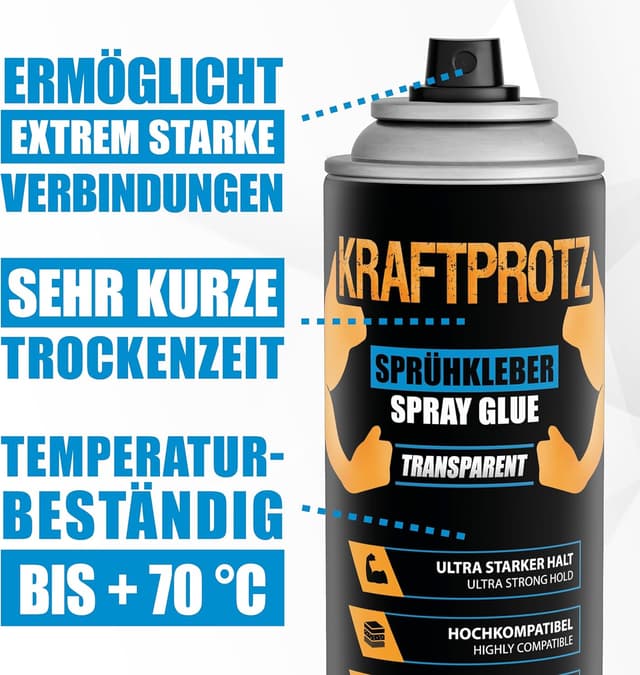 Detalle 1 de KRAFTPROTZ Sprühkleber extra stark 500 ml – transparent, hitzebeständig bis +70 °C