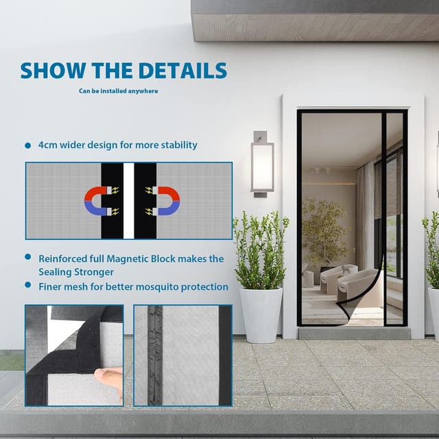 Detalle de Sekey Fliegengitter Tür Vorhang mit Magnet, ohne Bohren (110x220 cm) – ideal für Seitliches Öffnen