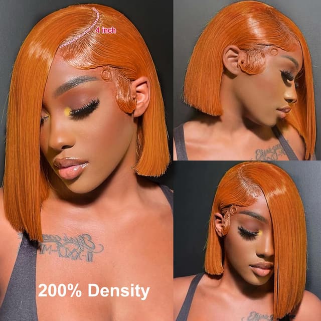 Detalle 2 de FFEGG Ginger Orange Bob Wig (13x4 HD Transparent Lace Frontal, Human Hair) — Straight Short Bob
