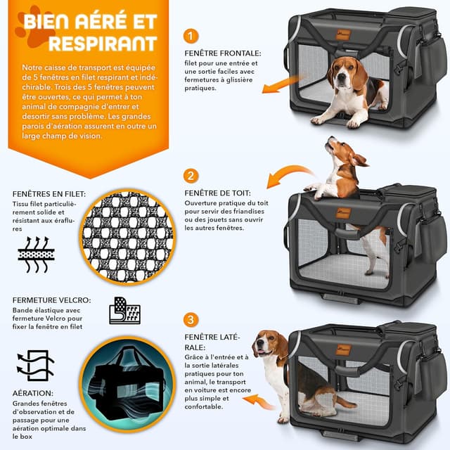 Detalle de TRESKO Caisse de transport pliable XXL pour chiens et chats (92 x 63 x 63 cm) anthracite