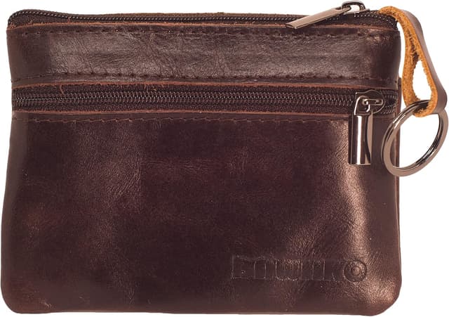 Detalle de BAWAKO portamonete in vera pelle marrone, 3 scomparti con chiusura a cerniera e portachiavi mini portafoglio