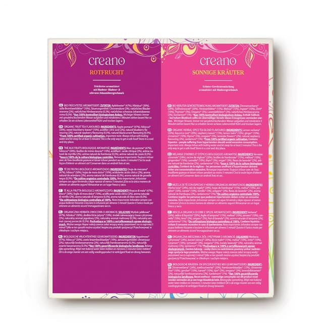 Detalle de Creano Bio Früchtetee & Kräutertee Geschenkset – 45 Bio-Teebeutel in 9 Sorten, koffeinfrei