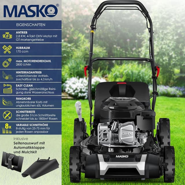 Detalle de MASKO® Benzin-Rasenmäher 5in1 mit 51 cm Schnittbreite, 65 l Fangkorb und Mulch-Kit