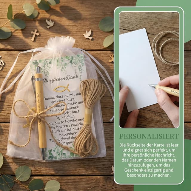 Detalle de Gastgeschenke Kommunion: 20er Set Bambus-Holz-Kugelschreiber mit Dankeskarte, Holzfisch & Organzabeutel
