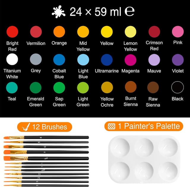 Detalle de WINSONS Acrylic Paint Set (24 colours) with 12 brushes and mixing palette