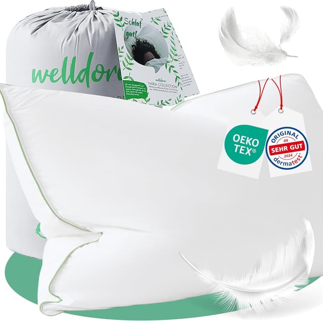 Detalle de Welldora Premium Kopfkissen 50x70 mit 3-Kammer-Bauweise – mittelfestes Nackenstützkissen aus natürlichen Daunenfasern & Federn