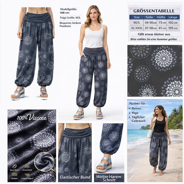Detalle de Glamexx24 Damen Haremshose aus Viskose – leichte Pumphose im Aladin/Sarouel-Look für Sommer & Freizeit