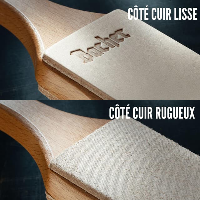 Detalle de Bacher strop d’affûtage en cuir avec manche en bois dur (kit premium 4) – cuir tanné végétal 3 mm