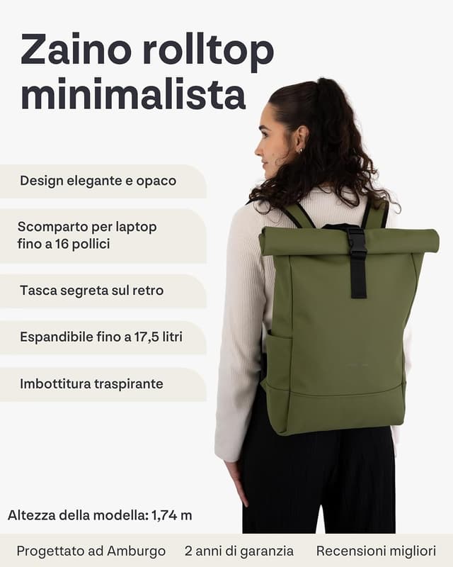 Detalle 2 de Johnny Urban Zaino Harvey Medium rolltop con porta PC fino a 16" e capacità regolabile 15–18L