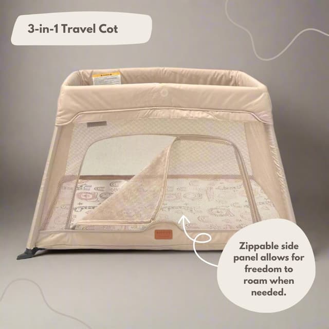 Detalle de Venture Airpod Travel Cot (0–3 Years) with Newborn Insert, Mattress & Foldable Playpen Function – Beige