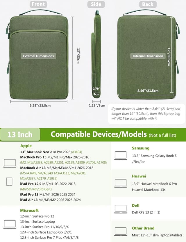 Detalle 2 de HYZUO 13-inch laptop bag sleeve case in Grass Green — padded protection for MacBook Air/Pro 13, iPad Pro/Air 13 and more