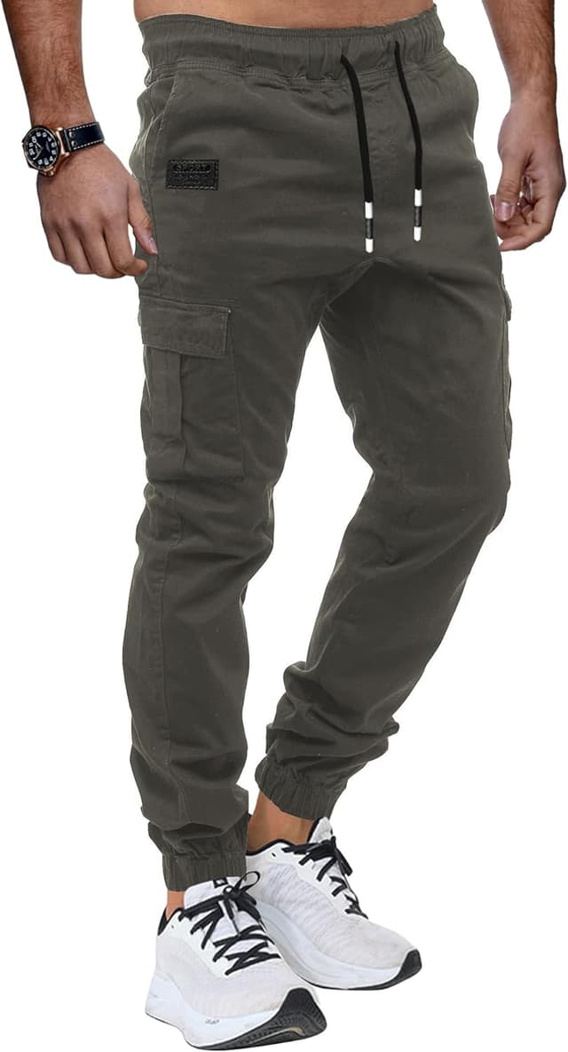 Detalle de Pantalon cargo homme KUNJLELP en coton 100 % : slim casual, poches multiples et cordon de serrage