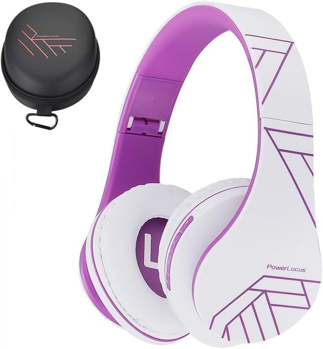 Detalle de PowerLocus Bluetooth Over-Ear Headphones (Wireless & Wired) with Mic, Micro SD/TF and FM – White/Violet