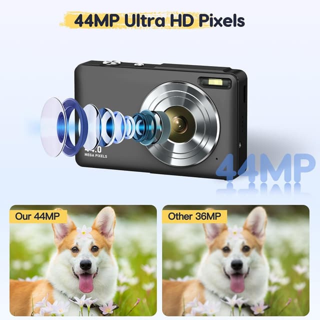 Detalle de Digitalkamera 1080P 44MP (FHD) mit 32G-Karte, 16× Digitalzoom und LED-Licht – kompakte Einsteigerkamera für Kinder, Teenager & Senioren (Schwarz)