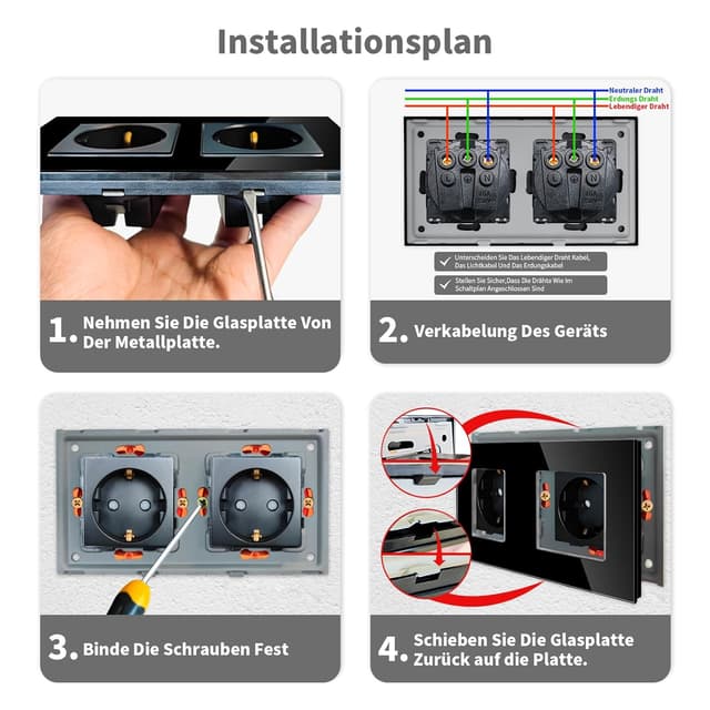 Detalle 2 de LIAONFOY Schuko Doppel-Steckdose mit Kindersicherung & Glasrahmen (Unterputz, schwarz, 2-fach)