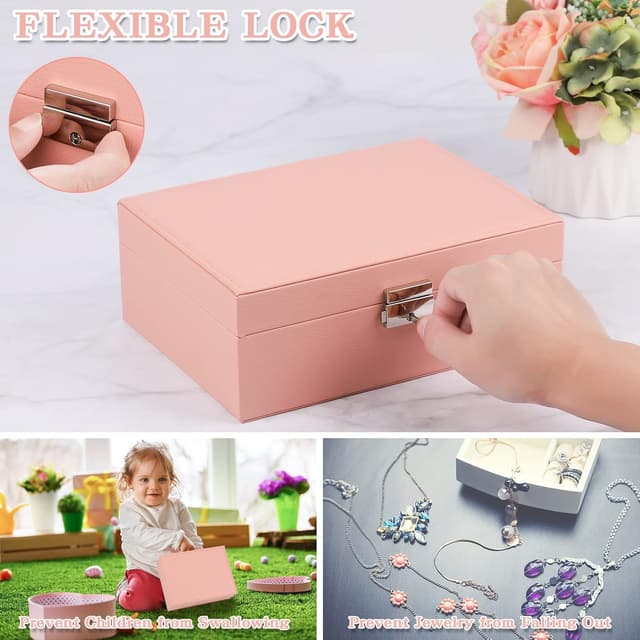 Detalle de Larkumio organizador de joyas grande de doble capa para mujer y niña (rosado) con cerradura y llave