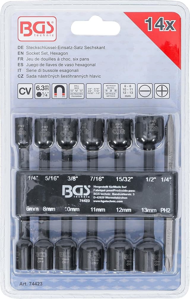 Detalle 2 de BGS 74423 - Jeu de douilles à choc six pans (6,3 mm / 1/4") pour perceuse et visseuse sans fil, 14 pièces