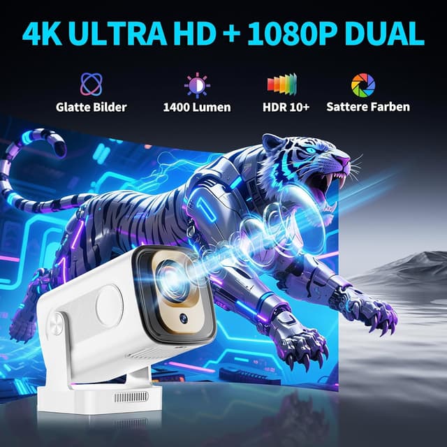 Detalle de Mini Beamer 4K 1080P (2026) mit Auto-Fokus, Trapezkorrektur, WiFi 6 & Bluetooth 5.4 – tragbarer Projektor in Weiß