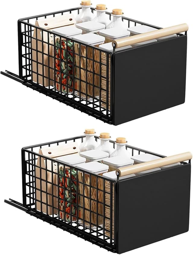 Detalle de Koolkasa 2 cassetti estraibili telescopici da cucina (nero) con guide e manico in legno