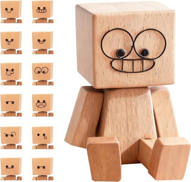 Detalle de nilic Shaking Wooden Man Figurine with 12 Funny Faces – Handmade bobble dashboard ornament