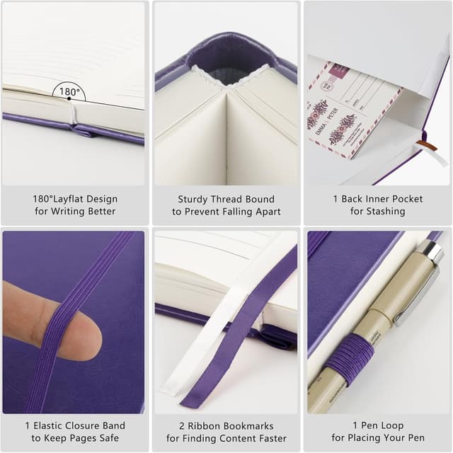 Detalle de A5 Hardback Thick Journal Notebook (Purple) – 320 Lined Pages, 100gsm Paper, Elastic Closure