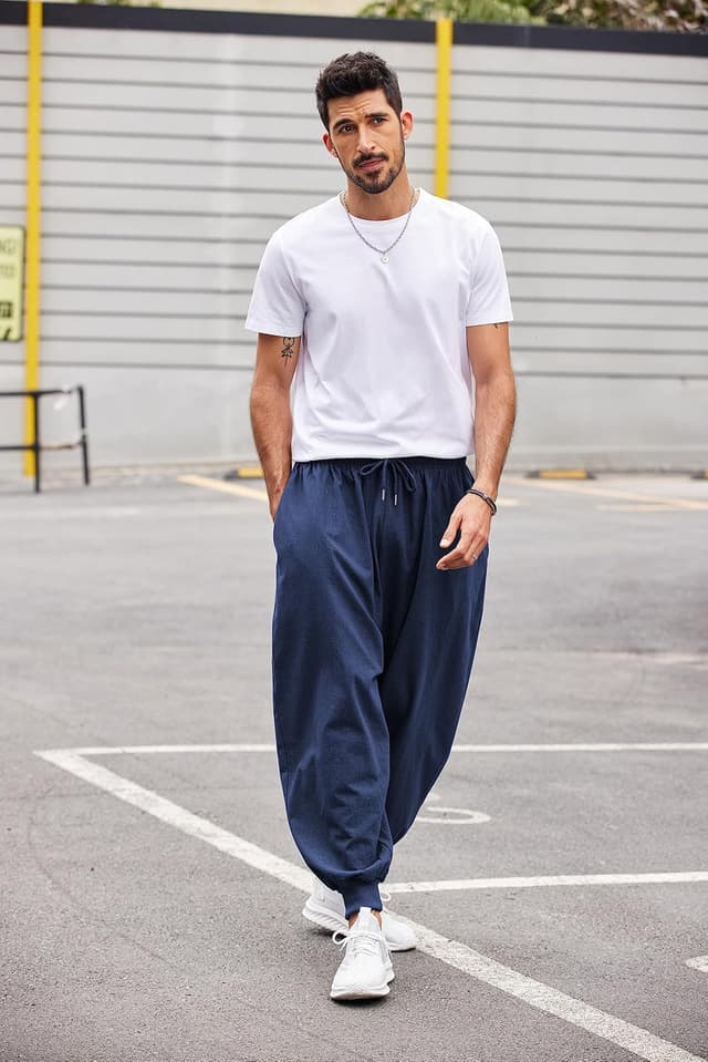 Detalle de COOFANDY Men’s Hippie Harem Pants in Linen-Cotton Blend for Yoga, Beach & Casual Wear