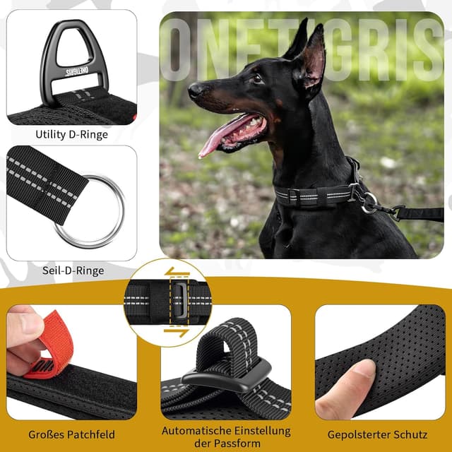 Detalle de OneTigris Zug-Stopp Hundehalsband mit Polsterung, reflektierend – Schwarz XL für mittelgroße bis große Hunde