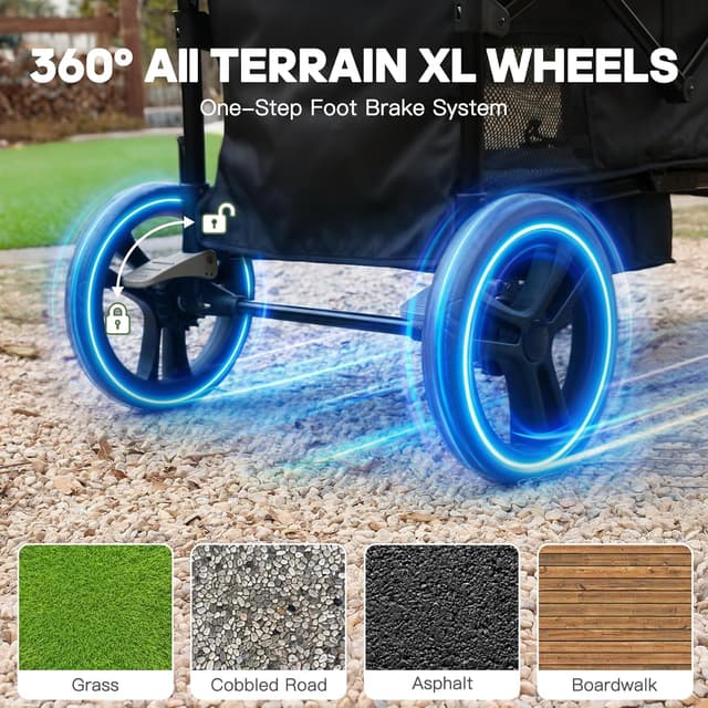 Thumbnail 6 de ELEMARA All-Terrain Stroller Wagon for 2 Kids (Foldable, Push/Pull Handle, Canopy & Mosquito Net) — Black+White