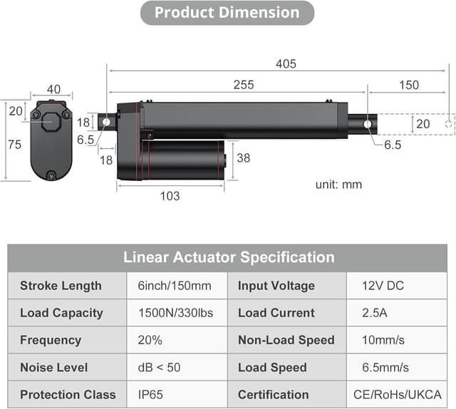 Detalle 2 de Justech Linearmotor (Schwarz) for linear actuator builds – 12V DC, 1500N load