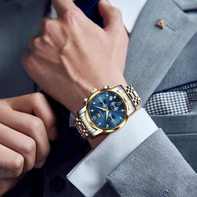 Detalle de OLEVS Men’s Chronograph Watch (Gold & Silver Stainless Steel) – Analog Quartz with Waterproof Dial