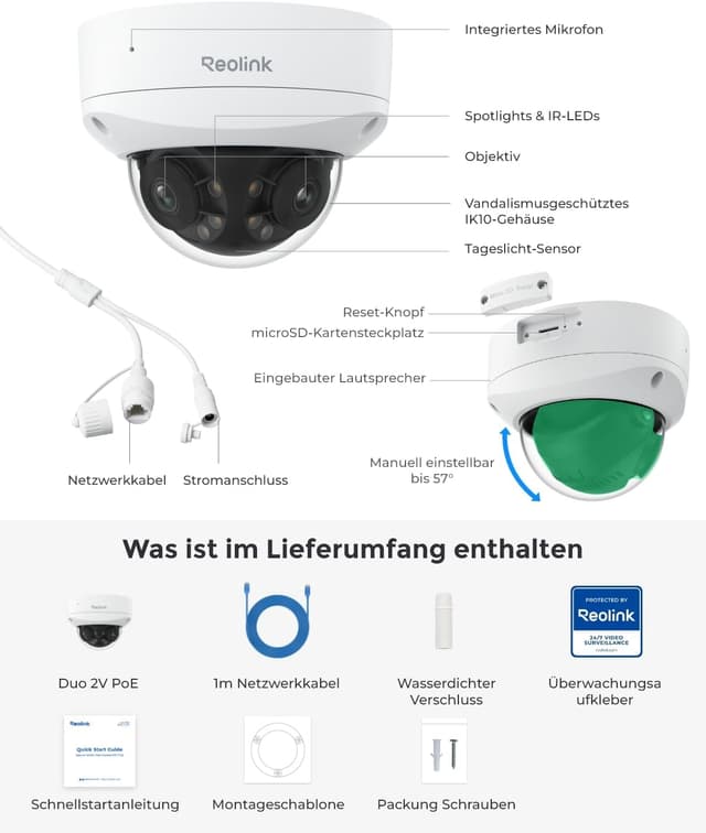 Thumbnail 6 de Reolink Duo 2V PoE 4K 8MP IP-Kamera mit Dual-Objektiv (180°) und IK10-Vandalismusschutz