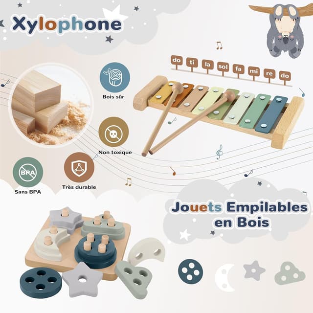 Detalle de Jouet bébé Montessori 5 en 1 (6 mois et +) : tri de formes, empilement, xylophone et jeux sensoriels