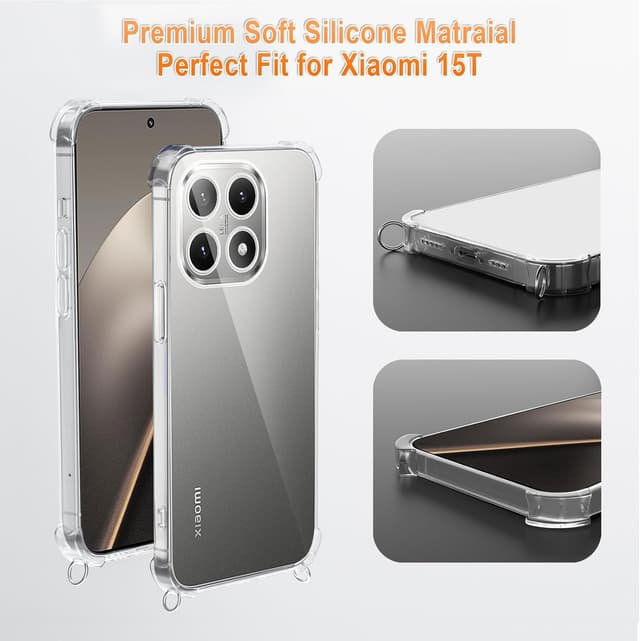 Thumbnail 6 de XTCASE Coque pour Xiaomi 15T avec cordon et tour de cou (silicone TPU transparente, noir)