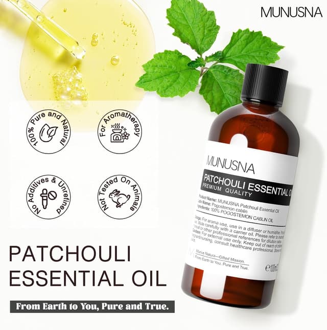 Detalle 2 de 100ml 100% Pure Patchouli Essential Oil (Pogostemon cablin) in Amber Glass Bottle with Dropper