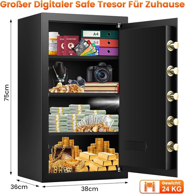 Detalle de Mejasg Extra Großer Safe 102L: feuerfester Möbeltresor mit Alarmanlage, Dokumententasche und 3 herausnehmbaren Regalfächern